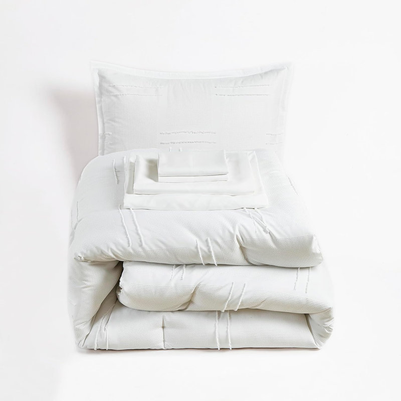 Reina Geometric Waffle Textured Bed in a Bag Comforter Set with Sheets, California King Comforter + 6 Additional Pieces