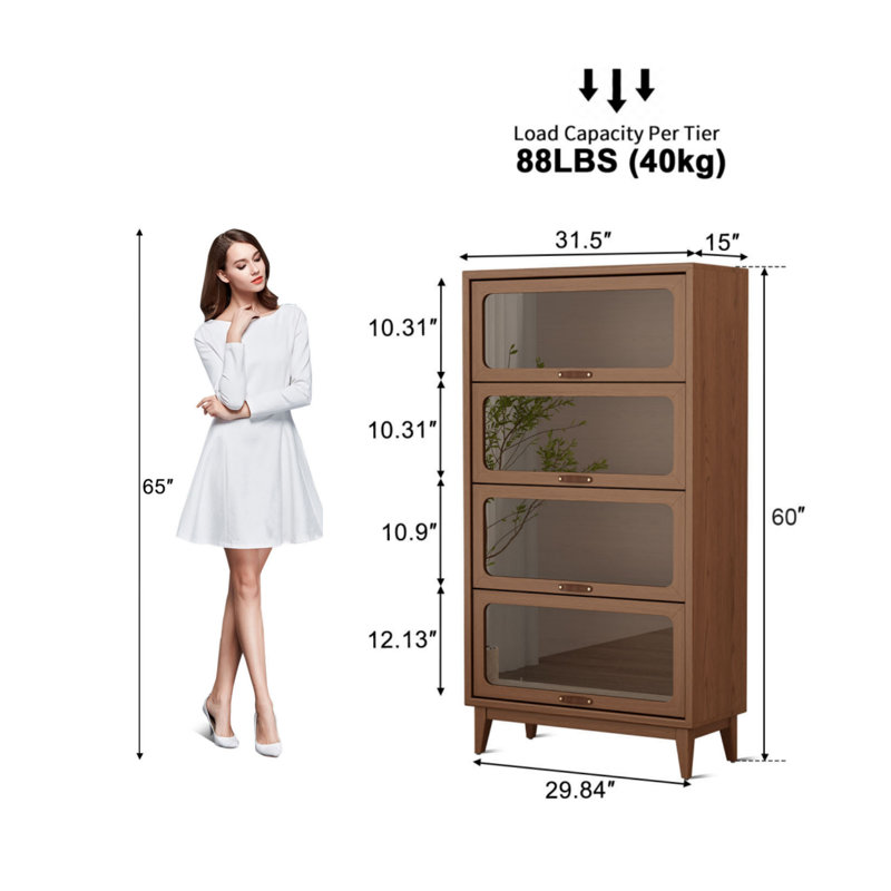 Solid Wood 4-Tier Flip-Top Glass Door Bookshelf Cabinet, Mid-Century Modern Display Storage Cabinet, Brown