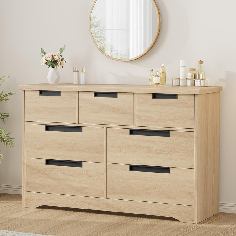 Commode 7 tiroirs pour la chambre à coucher, organisateur de commode double moderne avec poignées intégrées, commode en bois pour le salon