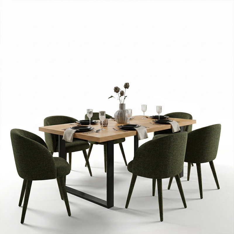 71" Rectangular Dining Table Set With Upholstered Armchairs, Green