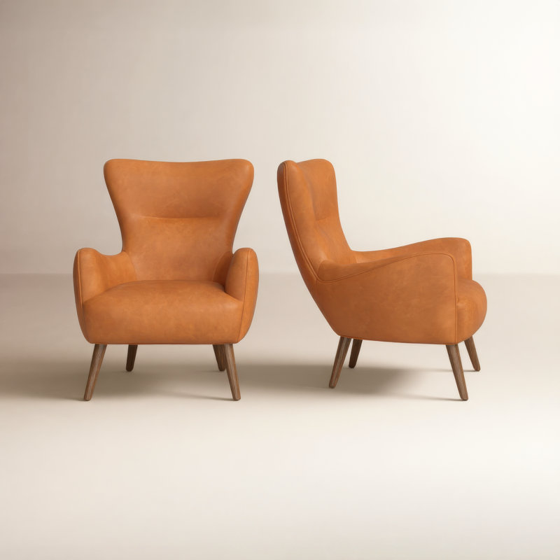 Apollo Genuine Leather Wingback Lounge Chair, Cognac Tan Genuine Leather