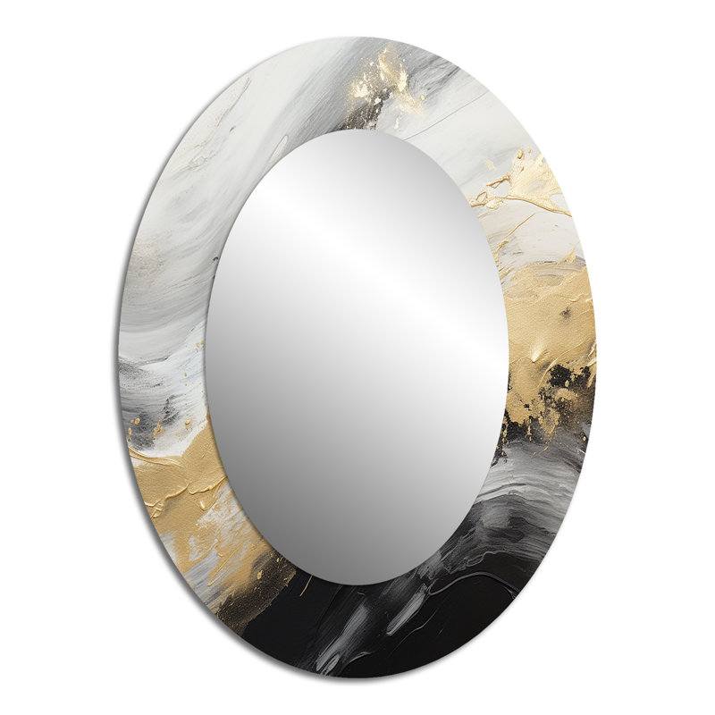 Gold And Black Soft Wave Fusion III - Abstract Oval Decorative Mirror On Metal, 40" x 30"