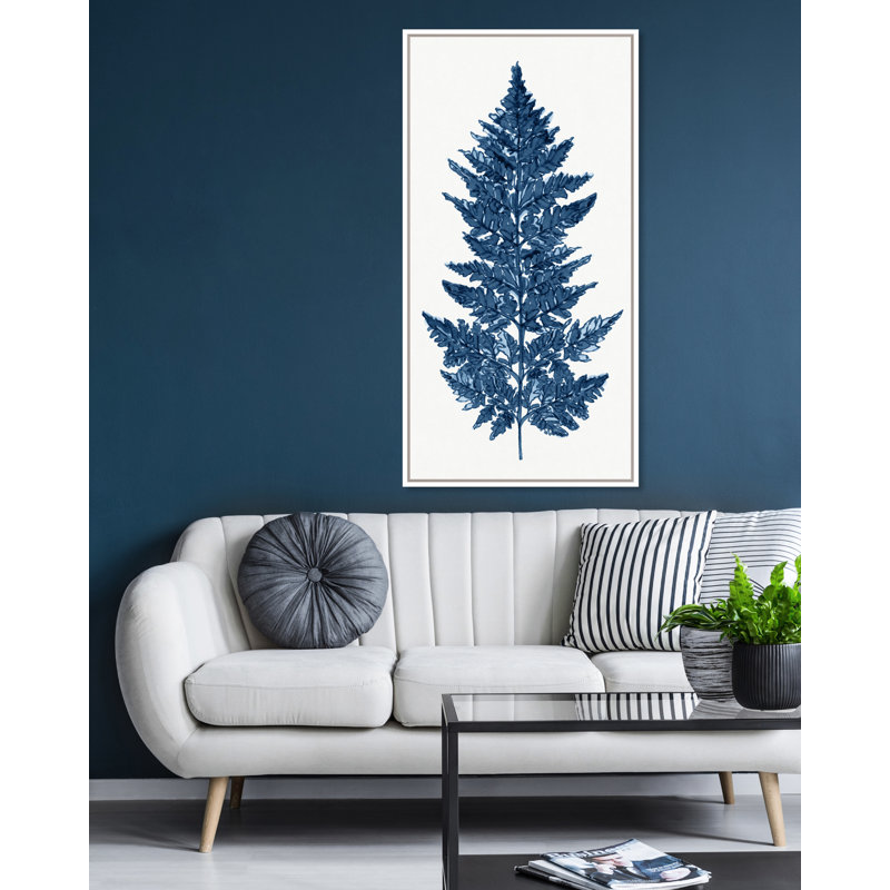 «Blue Fern 4» par Rita Taverni - reproduction sur toile, Cadre flottant blanc, H 51 po x l 26 po