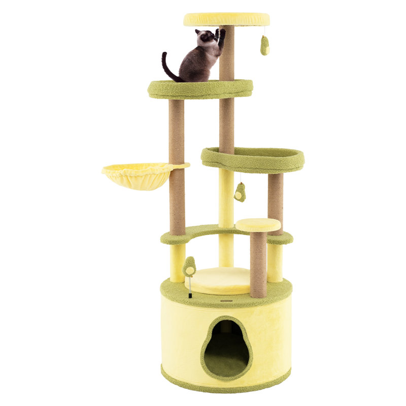 Large Avocado Cat Tree Multi-level Cat Tower w/ Large Private Condo Fun Pompoms