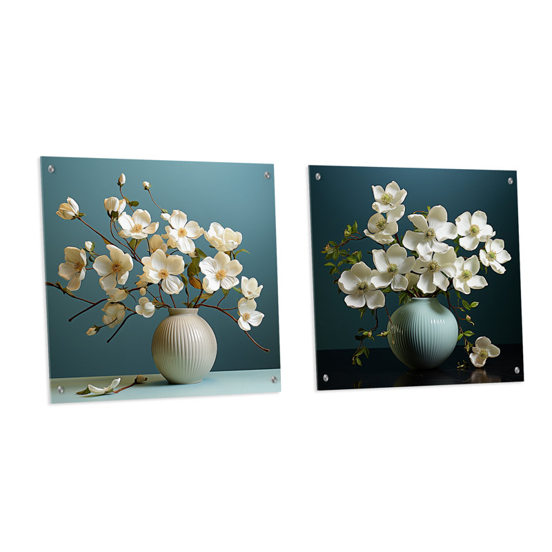 Cornouiller biologique Blooming Elegance - ensemble de 2 verres muraux en acrylique, H 36 po x l 73 po