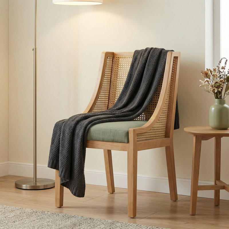 Farmhouse Rustic Side Chair - Durable Solid Wood Dining Chair With Linen Upholstered Seat & Decorative Armrests, Green