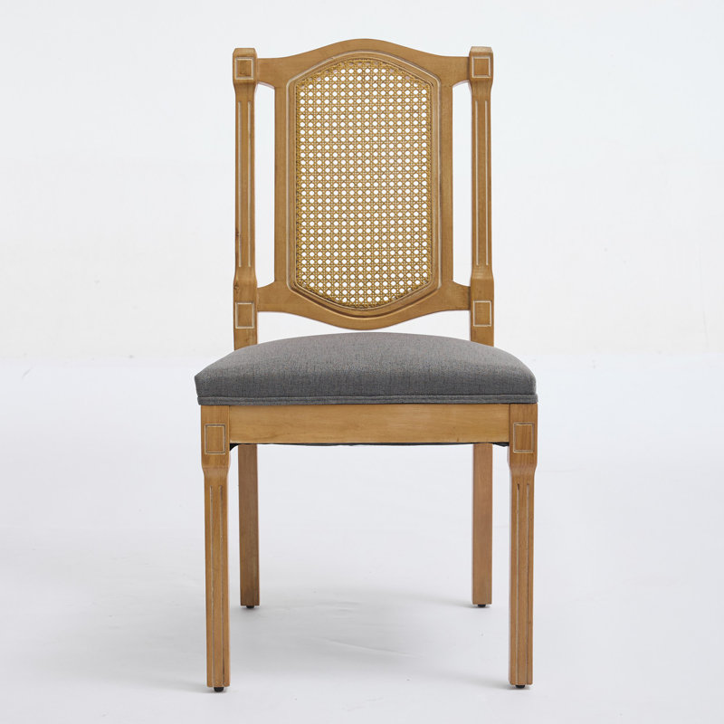 Full Solid Wood Rattan-Back Dining Chair, Gray