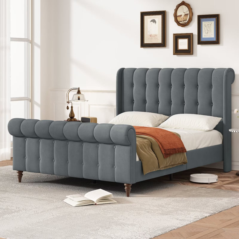 Lit plateforme tapissier avec tête de lit capitonnée et tête de lit capitonnée, tête de lit à oreilles en velours, structure en métal et support à lattes en bois, aucun sommier nécessaire, assemblage facile, silencieux
