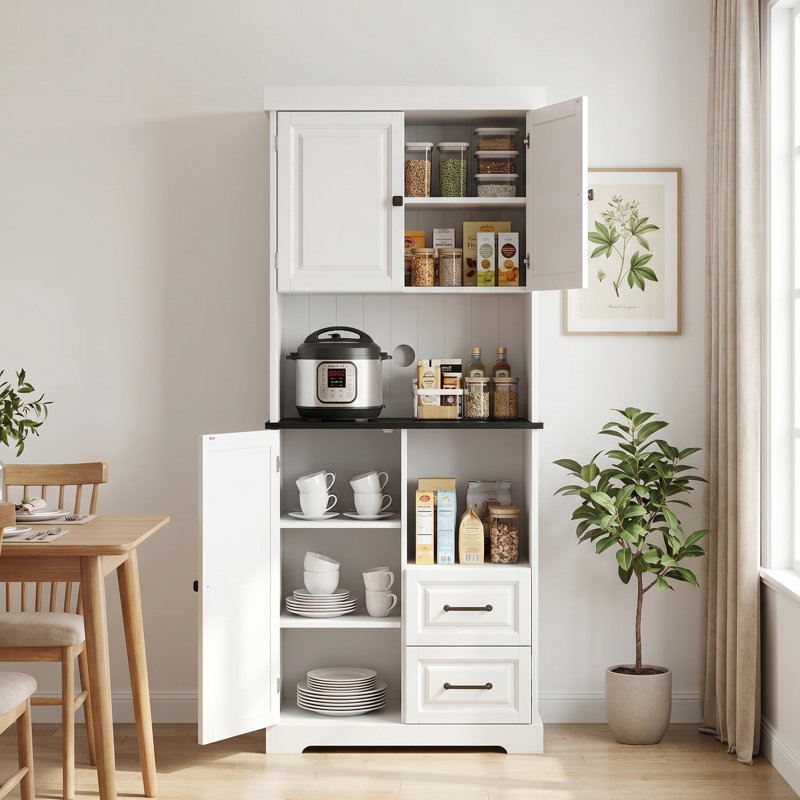 71" Tall Freestanding Kitchen Pantry Cabinet with Microwave Stand, 2 Drawers, Adjustable Shelves, Magnetic Doors & Anti-Tip Safety Design