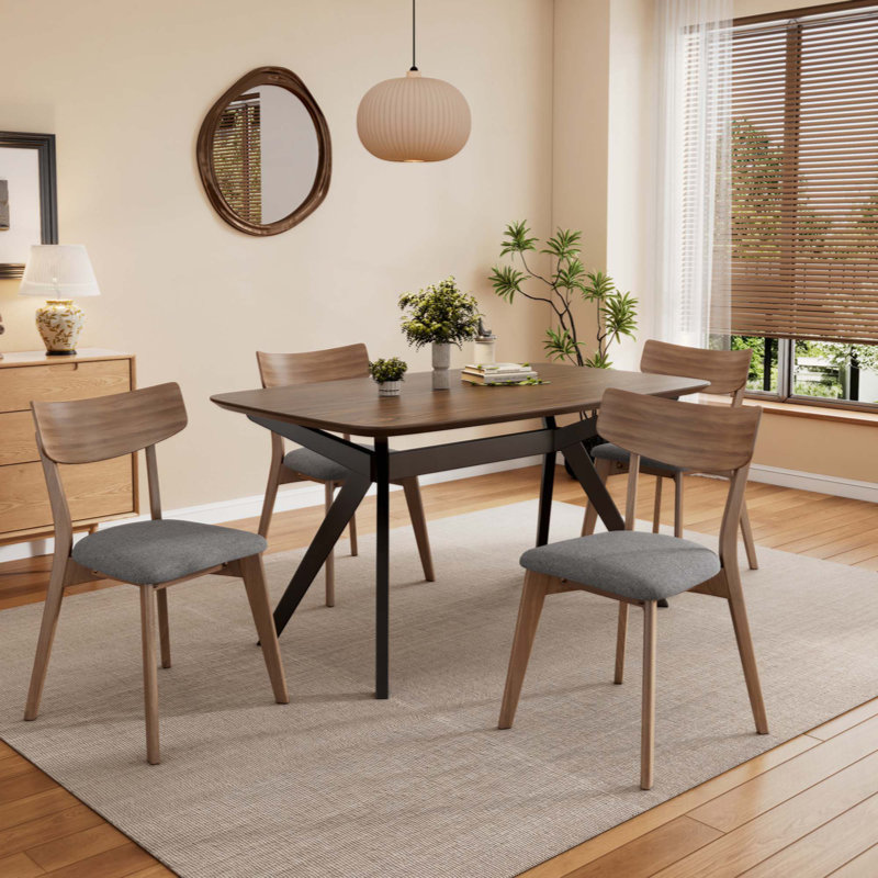 Ensemble de salle à manger rembourré 5 pièces avec structure en bois d'hévéa, 5 pièces: table, 4 chaises, Gris / Noir