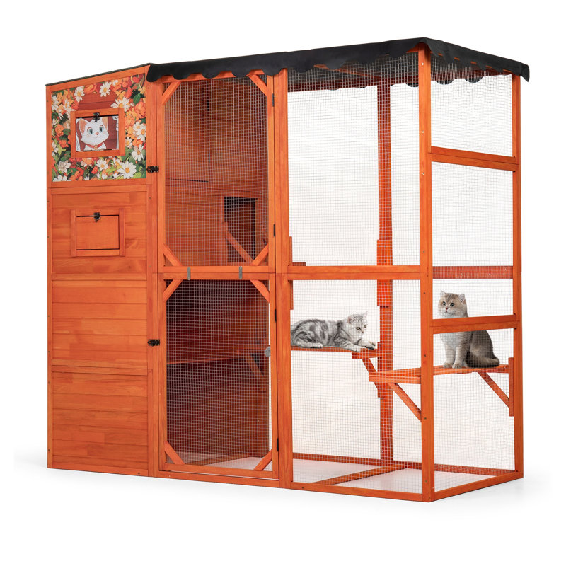 3-in-1 XL Wooden Catio Outdoor Cat Enclosure with Weatherproof Roof, Removable Waterproof Cover, Multi-Level Platforms & 2 Private Hideaways, Orange