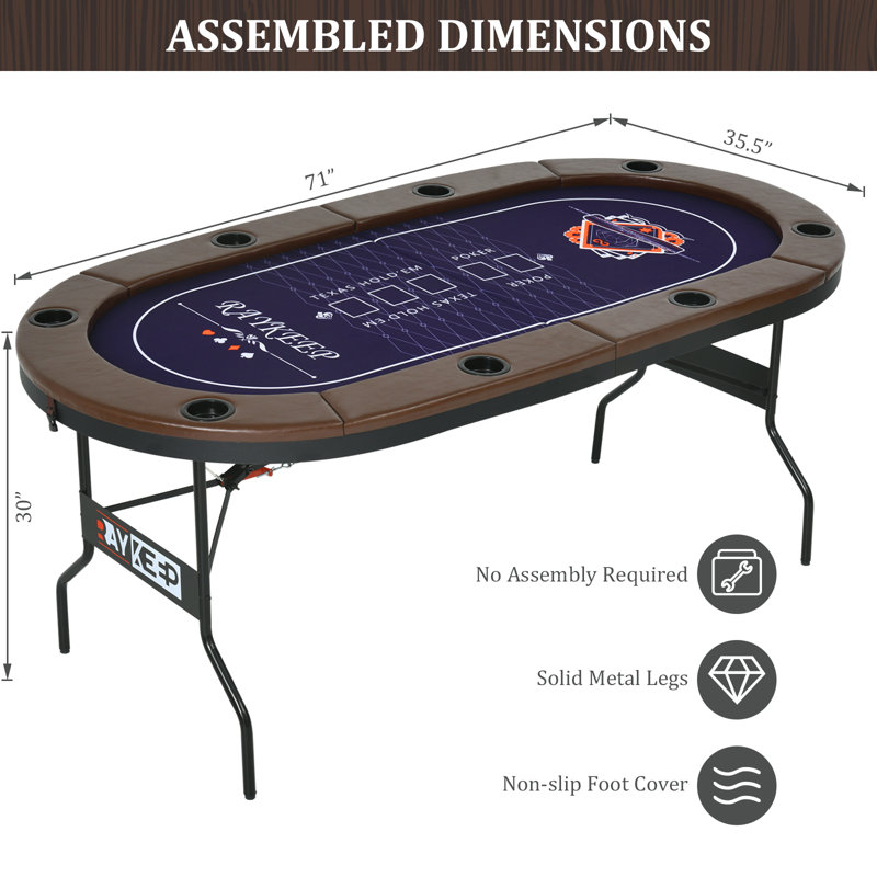 71'' 8 - Player Foldable Poker Table with Padded Rails and Cup Holders, Brown/Blue