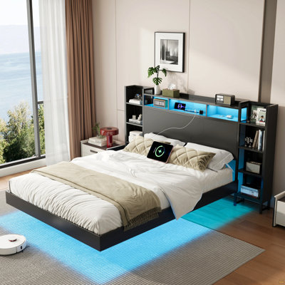 Queen Size Floating Bed Frame with USB Charging Station, Storage Headboard and with Led Light, Heavy Duty Metal Platform Bed Frame, No Box Spring Needed, Black