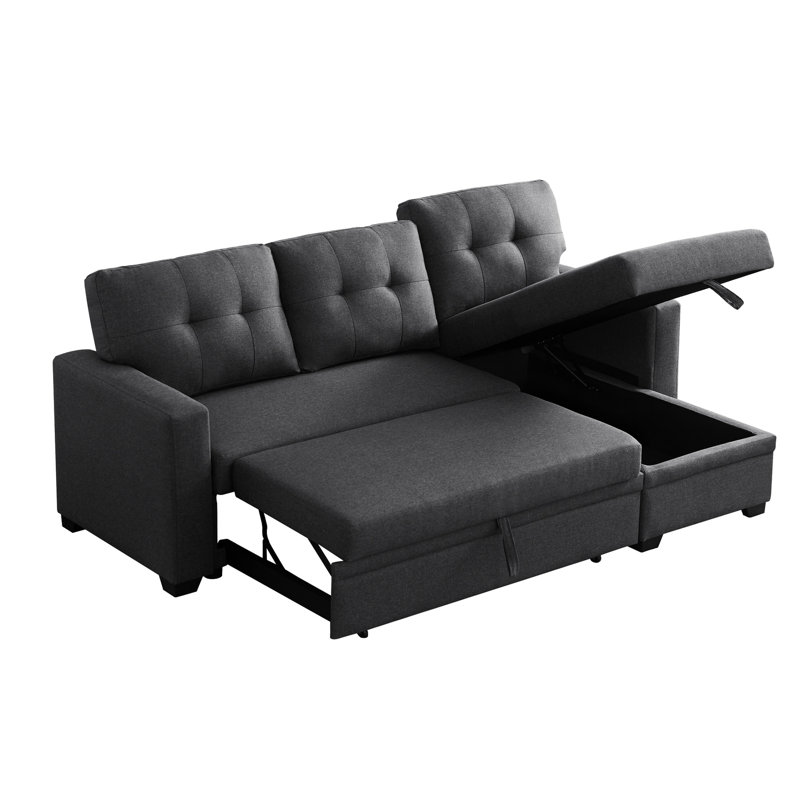 Siège rembourré à 3 places avec méridienne et rangement - Lin gris foncé, rembourré de mousse, se transforme en canapé-lit simple pour un siège modulaire pour les visiteurs de nuit, se convertit en invités