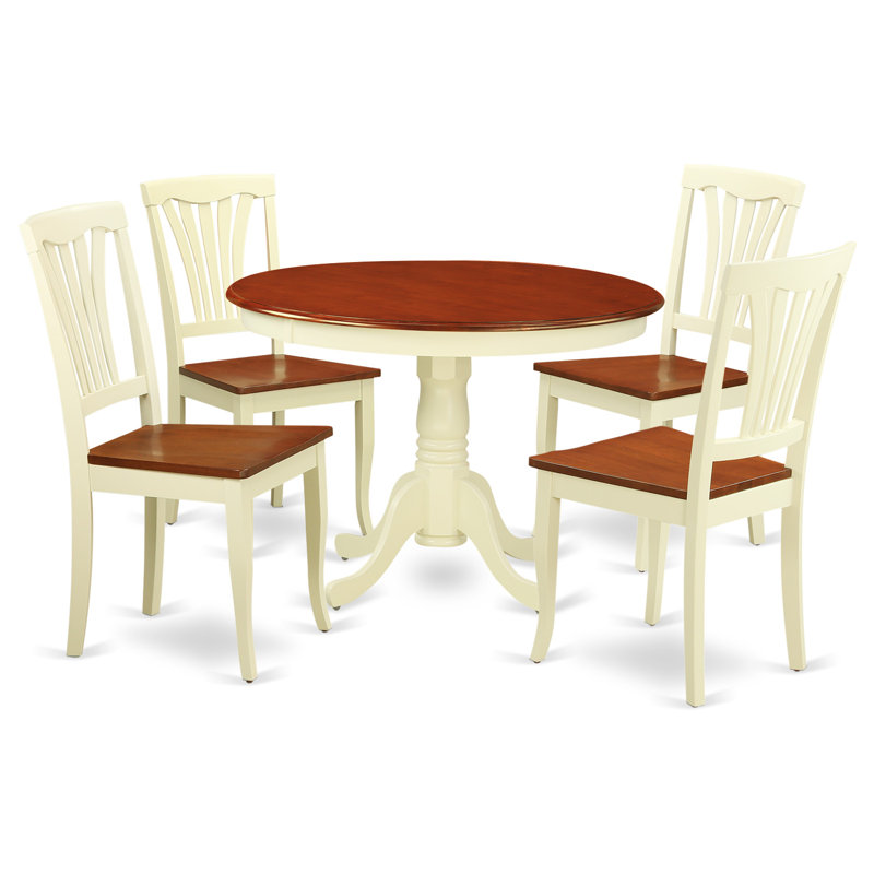 5 Piece Kitchen Table Set for 4 Includes a Round Dining Table with Pedestal and 4 Dining Room Chairs, 42x42 Inch, Buttermilk & Cherry