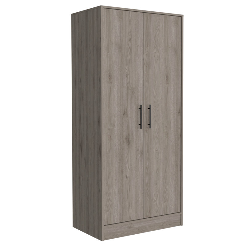 Armoire, armoires à deux portes, tringle en métal, poignée en métal, deux tablettes, un tiroir, gris clair