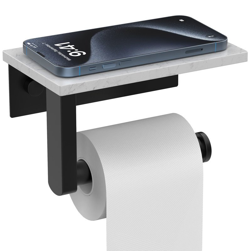 Marble Toilet Paper Holder with Shelf Wall Mounted, Matte Black