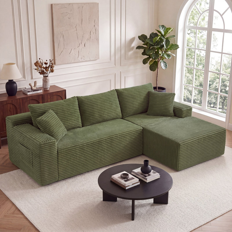 Canapé modulaire en velours côtelé de 94,5 po de largeur avec méridienne en L, siège profond, sans assemblage requis, vert