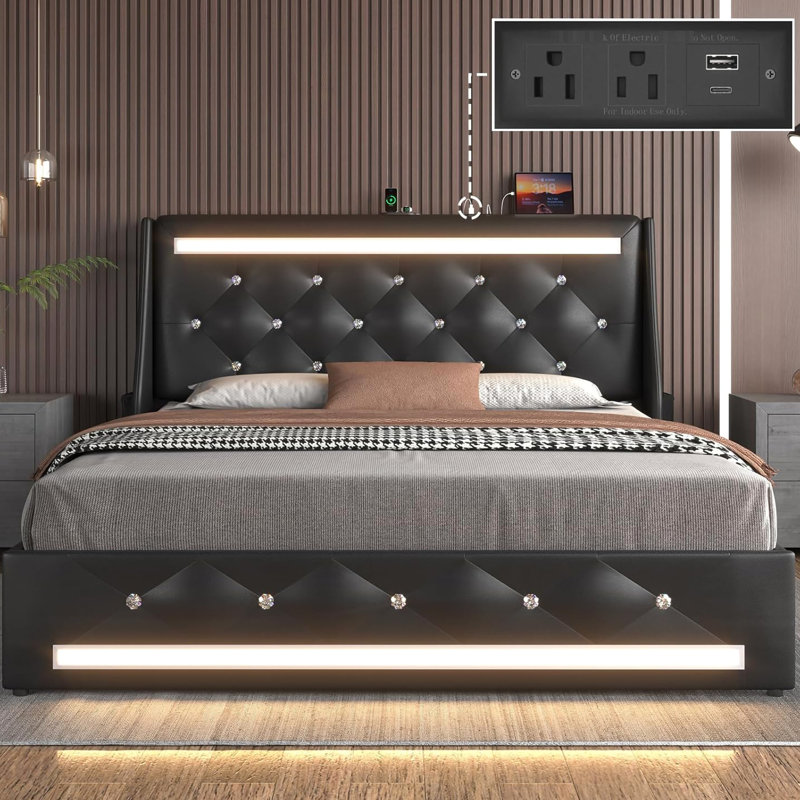 Noir, cadre de lit rembourré, lumières à DEL, charge 4 en 1, tête de lit à losanges, poches de rangement, stable, ports de chargement intelligents et silencieux, lattes en bois, sans sommier, bruit
