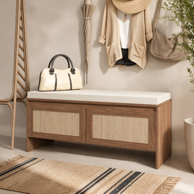 PP Rattan Storage Bench with Cushion, Faux Rattan Shoe Cabinet with 2 Doors, Mid-Century Modern Wood Entryway Seat, for Bedroom, Hallway, Mudroom, Natural Finish
