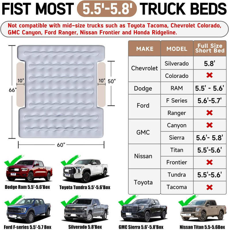 Matelas gonflable pour lit de camion court Umbrauto, lit gonflable avec pompe à air sans fil rechargeable