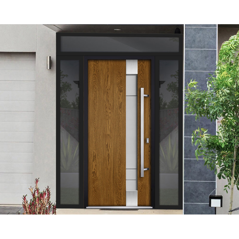 Porte d'entrée extérieure prémontée en acier Deux 1713 Chêne naturel, 2 fenêtres latérales et supérieures noires, inserts en acier inoxydable, style moderne, peinte, L 16+36+16 x H 80+16, ouverture à gauche vers l'intérieur