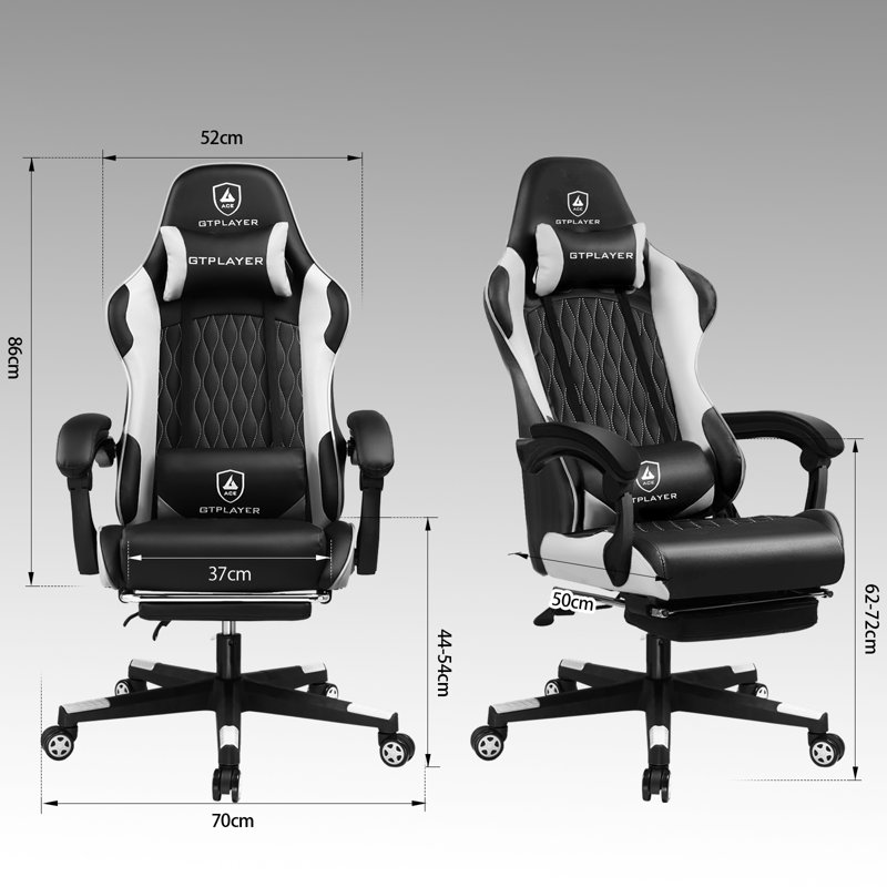 Gaming Chair Spring Cushion, Cow-Spotted Design, Height Adjustable,Headrest,Footrest&Lumbar Support, Black/White