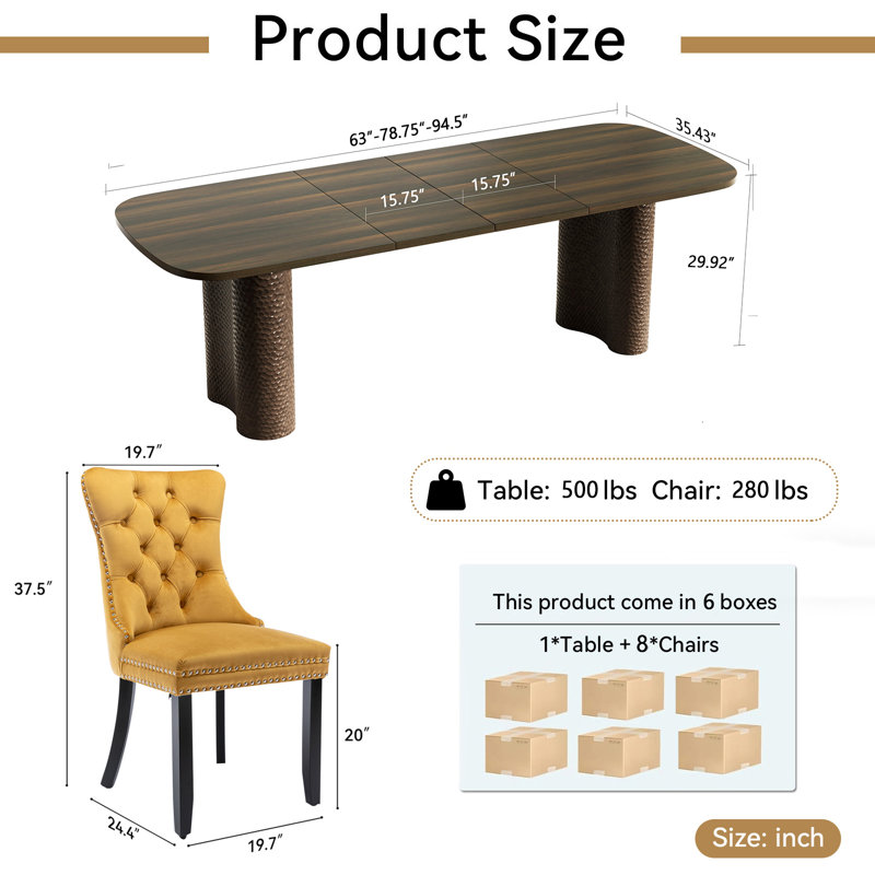 Ensemble de salle à manger ovale extensible 9 pièces pour 8 personnes, table de cuisine de style campagnard de 63" à 95" avec base incurvée martelée et 8 chaises capitonnées en velours