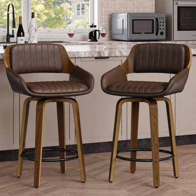 Tabourets de bar pivotants avec dossier en bois massif, hauteur de comptoir moderne du milieu du siècle, 66 cm (lot de 2)