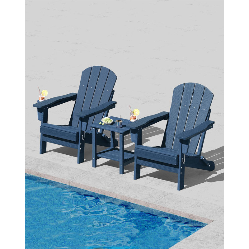 Folding Adirondack Chair Set of 2 with Side Table, HDPE Outdoor Patio Chairs with Cup Holder, Navy