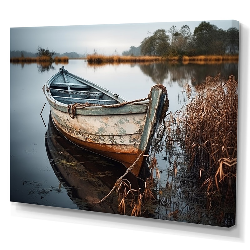 «Coastal Boat Charm In Autumn» - art mural bateau côtier, H 34 po x l 44 po x P 1,5 po, Toile tendue
