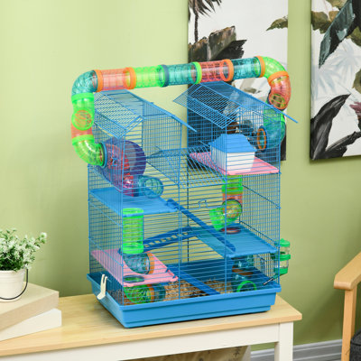 Cage à hamster 18,5 po à 18 niveaux - bleu, avec tubes, tunnels, plat de nourriture, bouteille d'eau, roue d'exercice, léger et améliorant la circulation de l'air avec une bonne ventilation