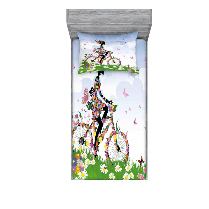 Ensemble de draps à vélo romantique avec fleurs printanières, Ensemble de draps pour lit simple TG avec drap-hou