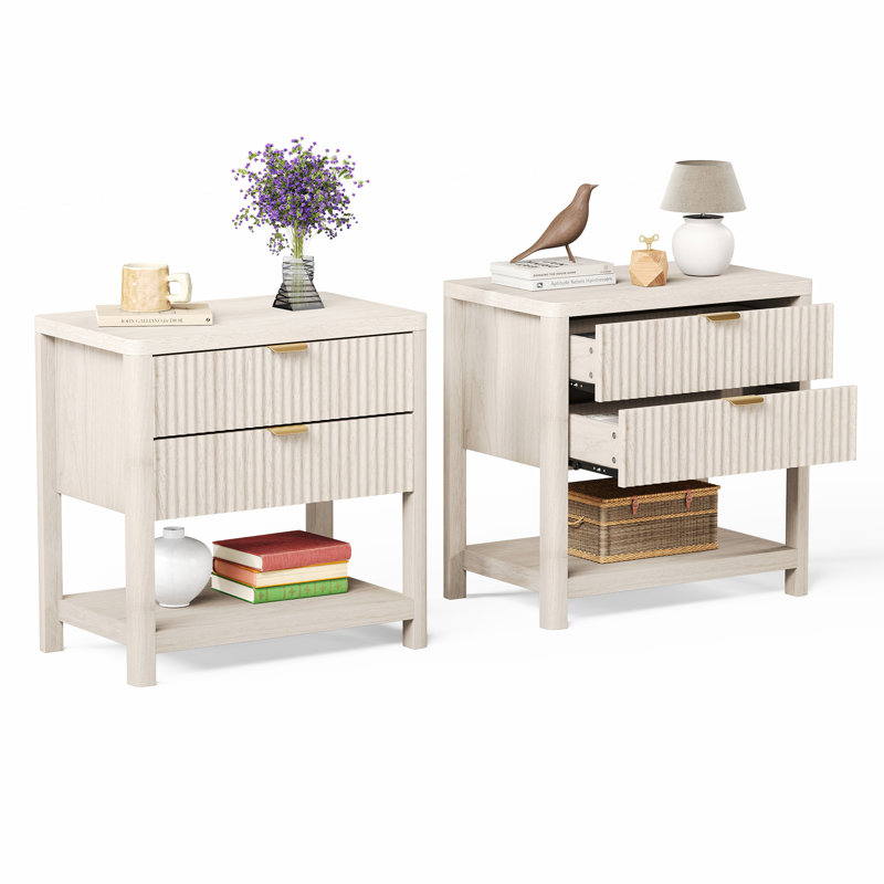 25.8"W Modern Wave Design Nightstand Set of 2,  2-Drawer Bedside Table, Beige
