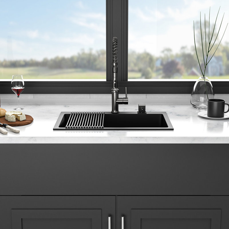Quartz Composite Sink 33X22", Black Granite Appearance, And Stable, Minimizes Dirt Mess, Quiet Hygienic Functionality , , Smooth Surface Dirt, Operation