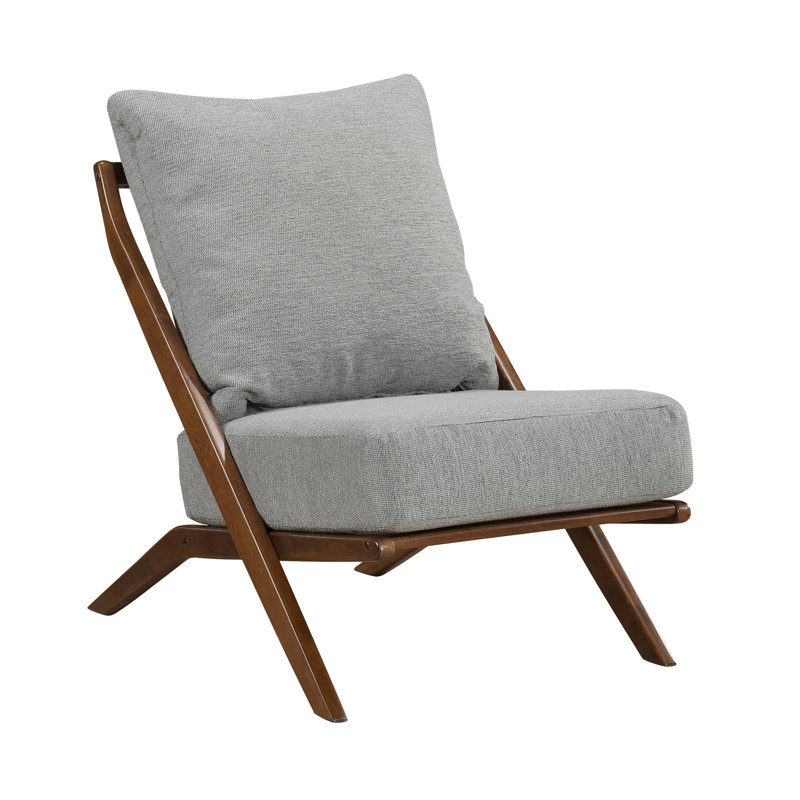 Élégant fauteuil d'appoint en chenille grise avec coussin en mousse et structure en bois d'hévéa brun, Tissu gris