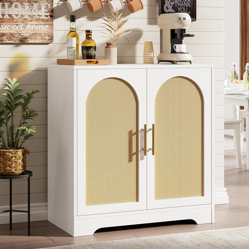 30" W Sideboard Buffet Cabinet- with 2 Rattan Doors, Storage Console Table & Modern Accent Coffee Bar Cabinet for Living Room, Kitchen, White