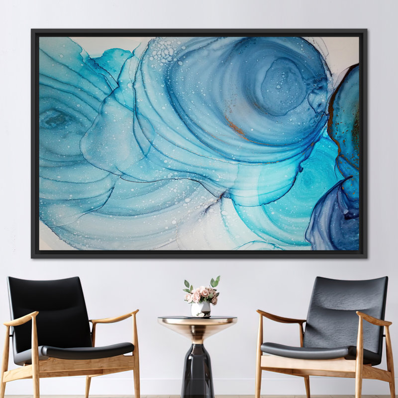 Art mural moderne, art abstrait, art mural marbré bleu, H 33 po x l 45 po x P 0,78 po, Cadre flottant noir