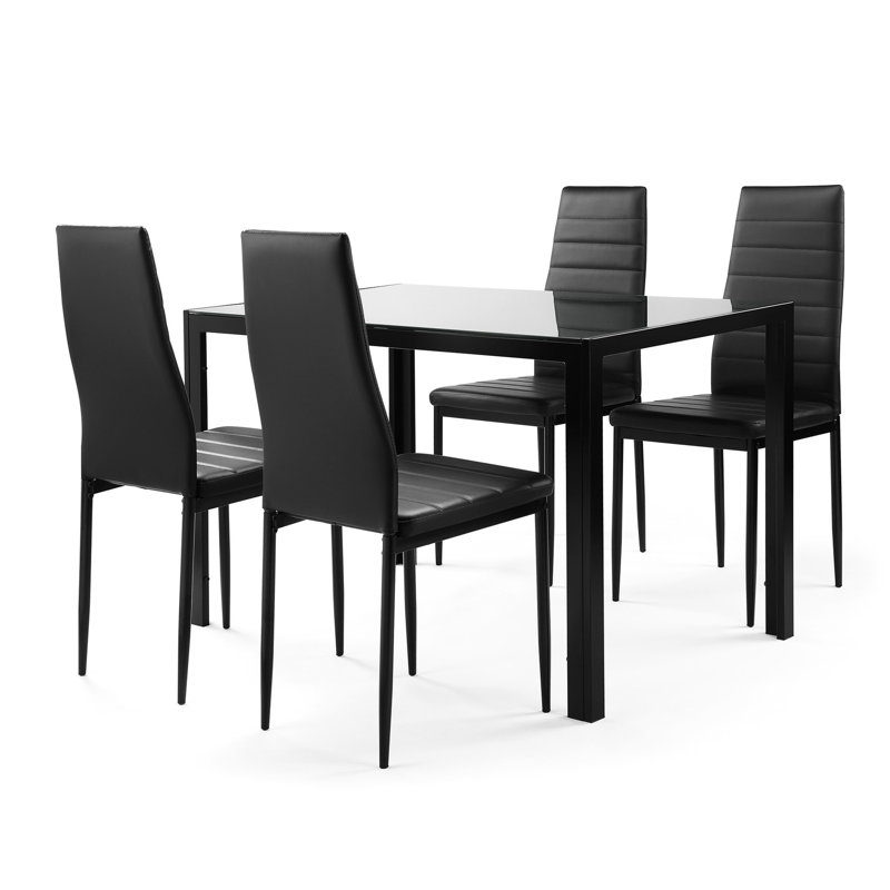 5 Dining For 4 - Black Tempered Glass And Fashionable Faux Leather Seats Modern 4 Table Stylish Chairs