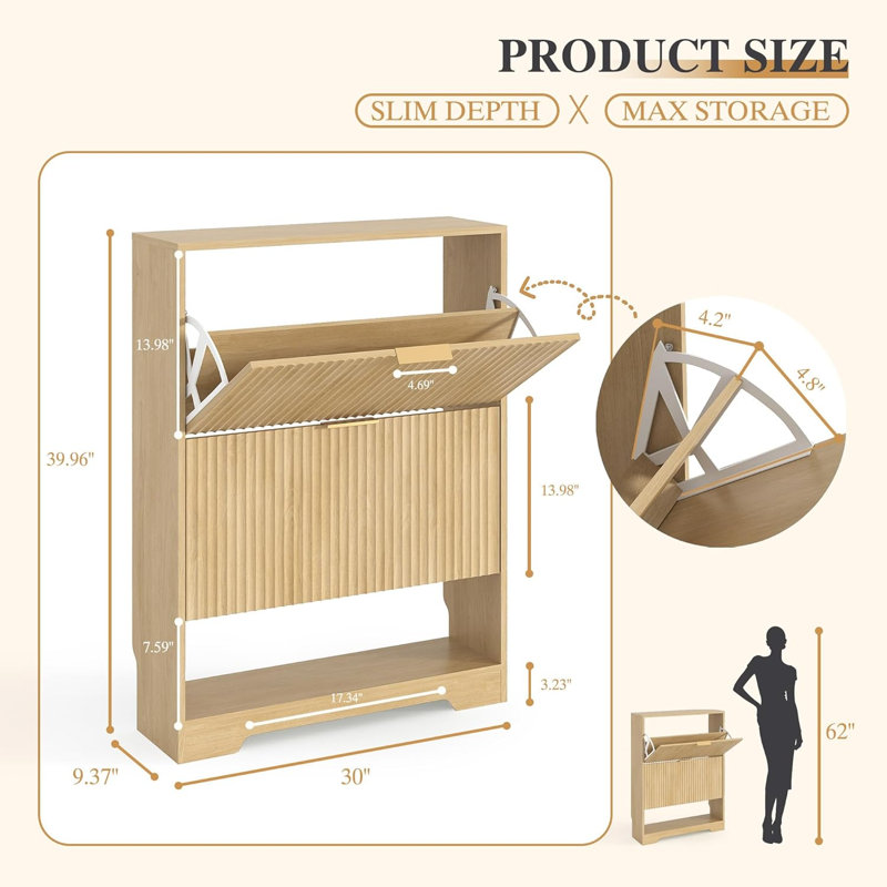 Armoire à chaussures avec 2 tiroirs rabattables, étagère à chaussures mince cannelée avec rangement ouvert, Natural Wood
