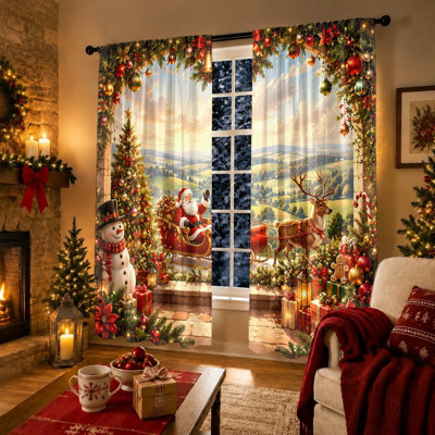 2Pcs Christmas Scene Window Curtains, Winter Landscape Santa Claus Sleigh Deer Snowman Tree Rod Pocket Light Filtering For Living Room Bedroom Kitchen Outdoor Decor