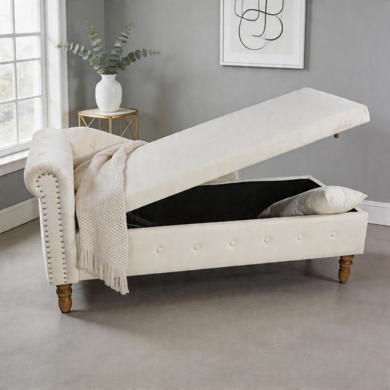 Chaise longue en velours avec accoudoirs roulés, Beige