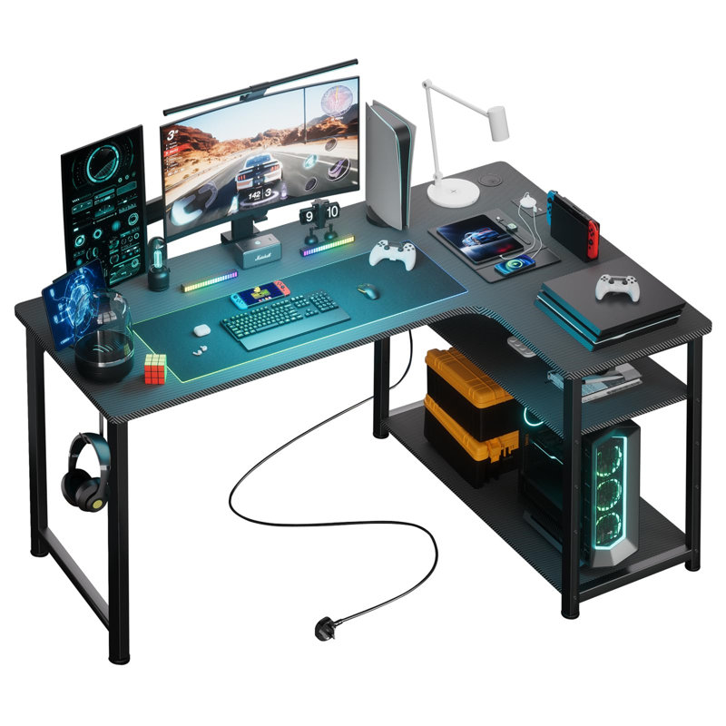 L-Shaped Metal Base Computer Desk with Power Outlet, Black