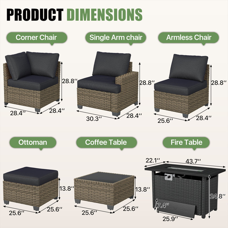 Ensemble de conversation modulaire de patio en résine tressée spéciale PE 10 pièces avec coussins de 10 cm et table foyer