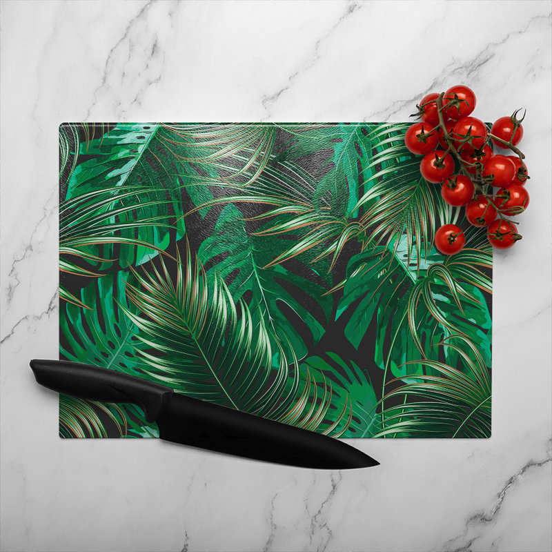 Tropical Leaves On Glass Chopping Board, 28cm L x 20cm W