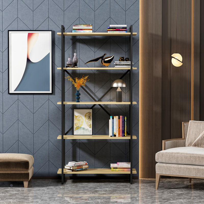 Abordale 5-Tier Steel Bookcase, (5 Shelves) 70.9” H x 35.4” W x 13.4” D, Oak 