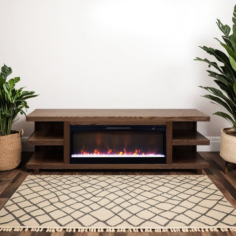 Meuble télé avec foyer électrique, 82 po, chêne bourbon, téléviseur jusqu'à 90 po, étagère à console ouverte 82 po, pour téléviseur, câble dissimulé, insert de 42 po, assemblage minimal