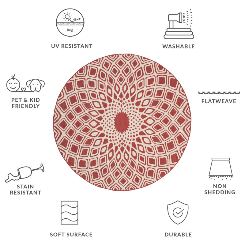 Tapis intérieur / extérieur rouge / beige Arneshia, Rond 6 pi 7 po