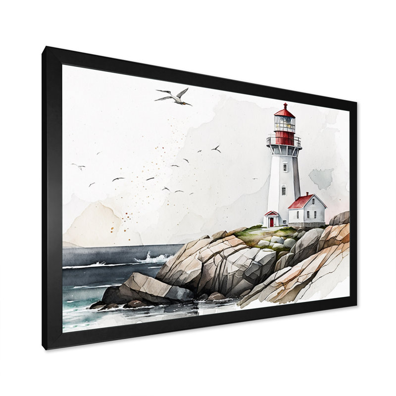 Art sur toile, "Phare par l'océan IV", Impression noire sur toile encadrée, L 20 po x H 12 po