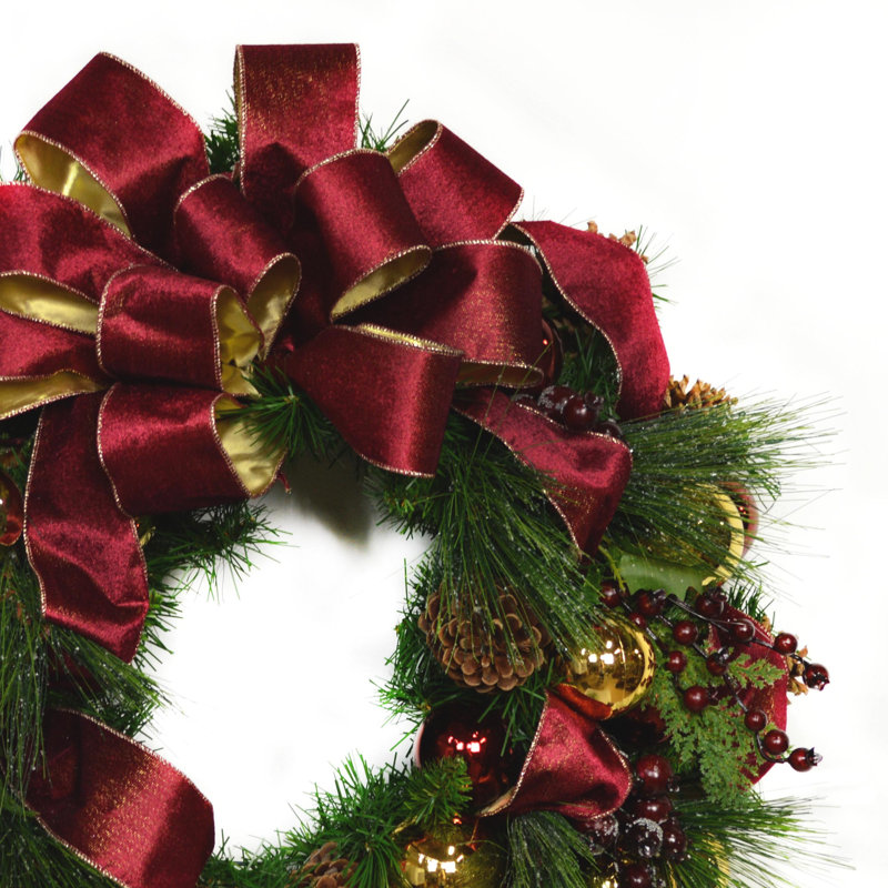 Holiday Front Door Wreath with Berries, Ornaments and Pinecones